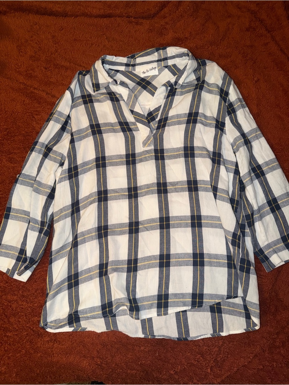 Classic Plaid Button-Down Shirt for women — Navy & White with Yellow Accents